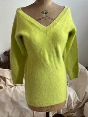 90s Angora Buttery Soft V-Neck Women's Sweater Dress  in Lime Green